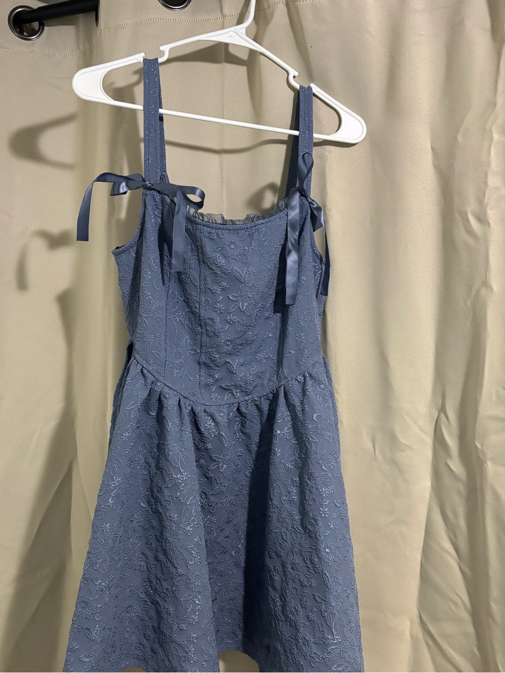 Blue Textured Sundress With Corset Style Top and Blue Ribbons
